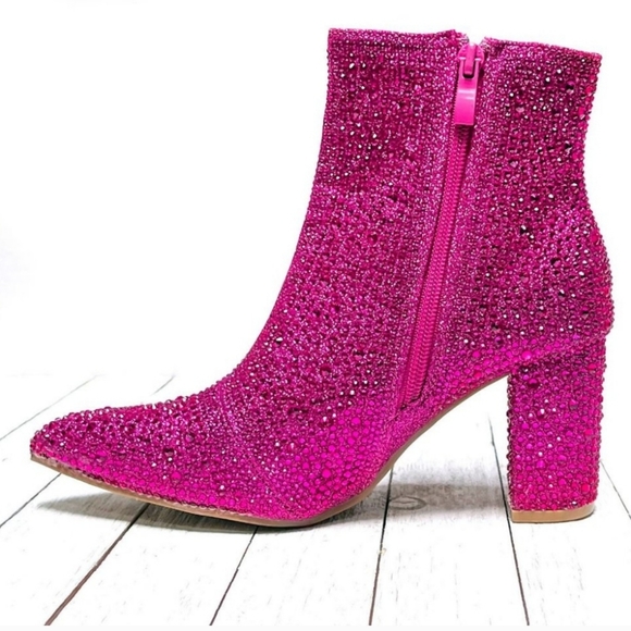 Fuchsia Pink Rhinestone Pointed Toe Chunky Heel Ankle Boots Bootie - Picture 2 of 8
